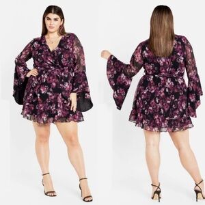 City Chic Women Plus Size 18 Black Purple Floral Faux Wrap Bell Sleeve Dress NWT